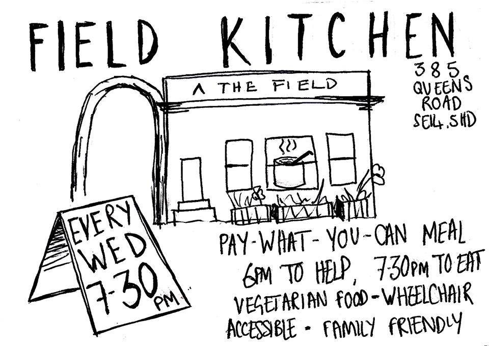 image: stylised drawing of the front of the building with text: FIELD KITCHEN EVERY WED 7:30PM pay-what-you-can 6PM TO HELP 7:30 TO EAT | VEGITERIAN FOOD | WHEELCHAIR ACCESSIBLE | FAMILY FRIENDLY
