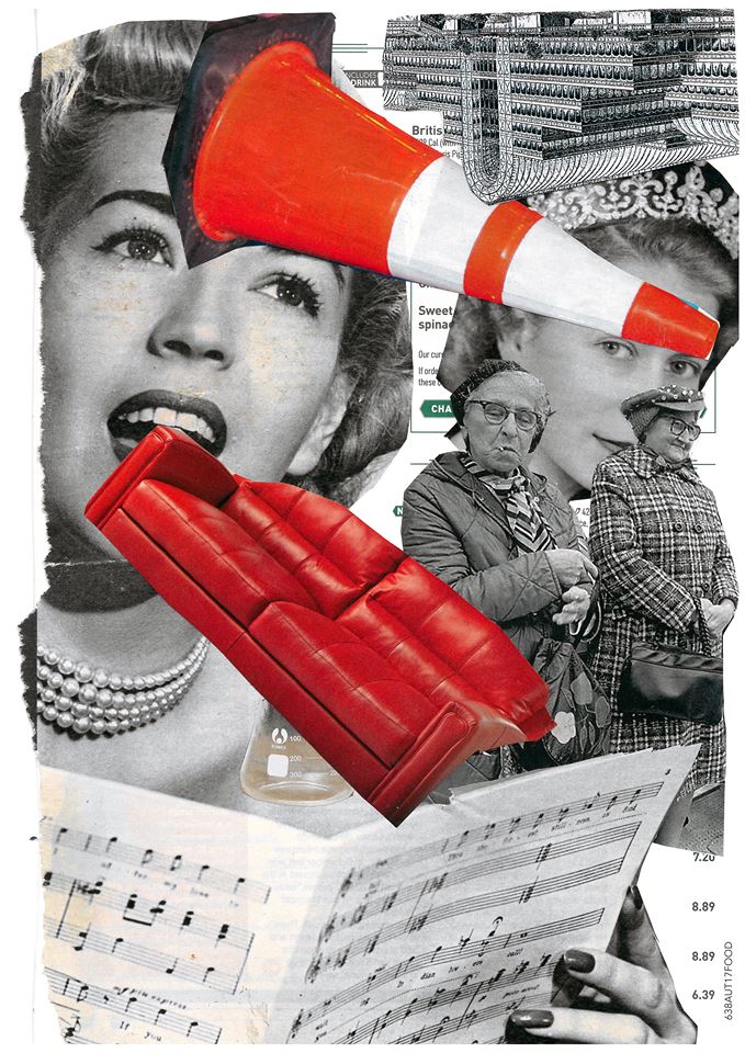 collage of images including: faces, people, music notation, sofa and trafic cone